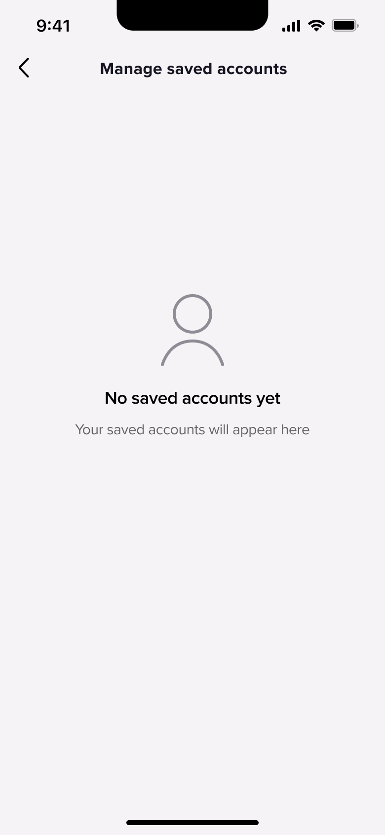 Manage saved accounts: no saved accounts yet.