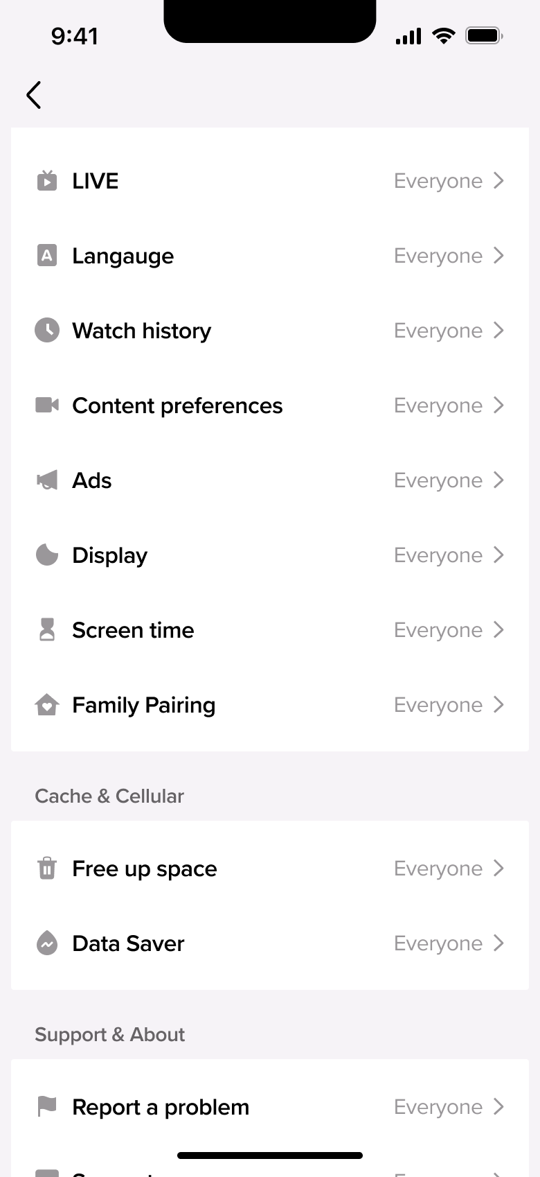 Settings scrolled: live, language, watch history, ads, display and cache.