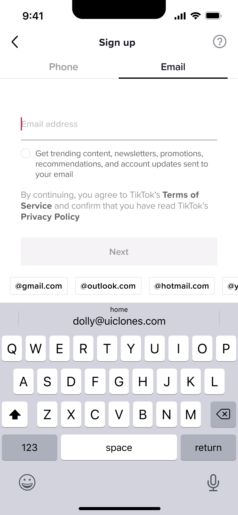 Sign up with email tab: email field, marketing checkbox and domain suggestion chips.