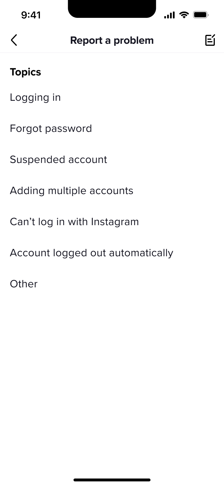 Report a problem: topics such as logging in, forgot password and suspended account.