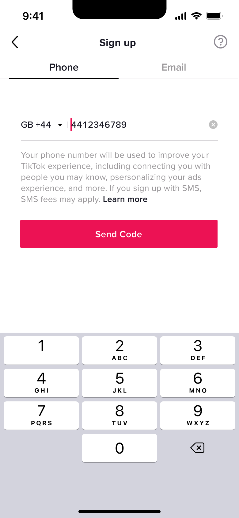 Phone number entered with send code enabled.