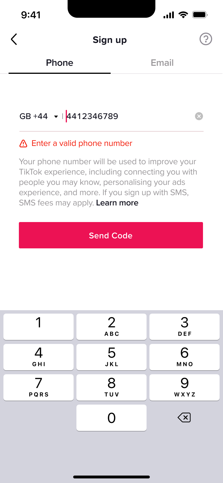 Enter a valid phone number error.
