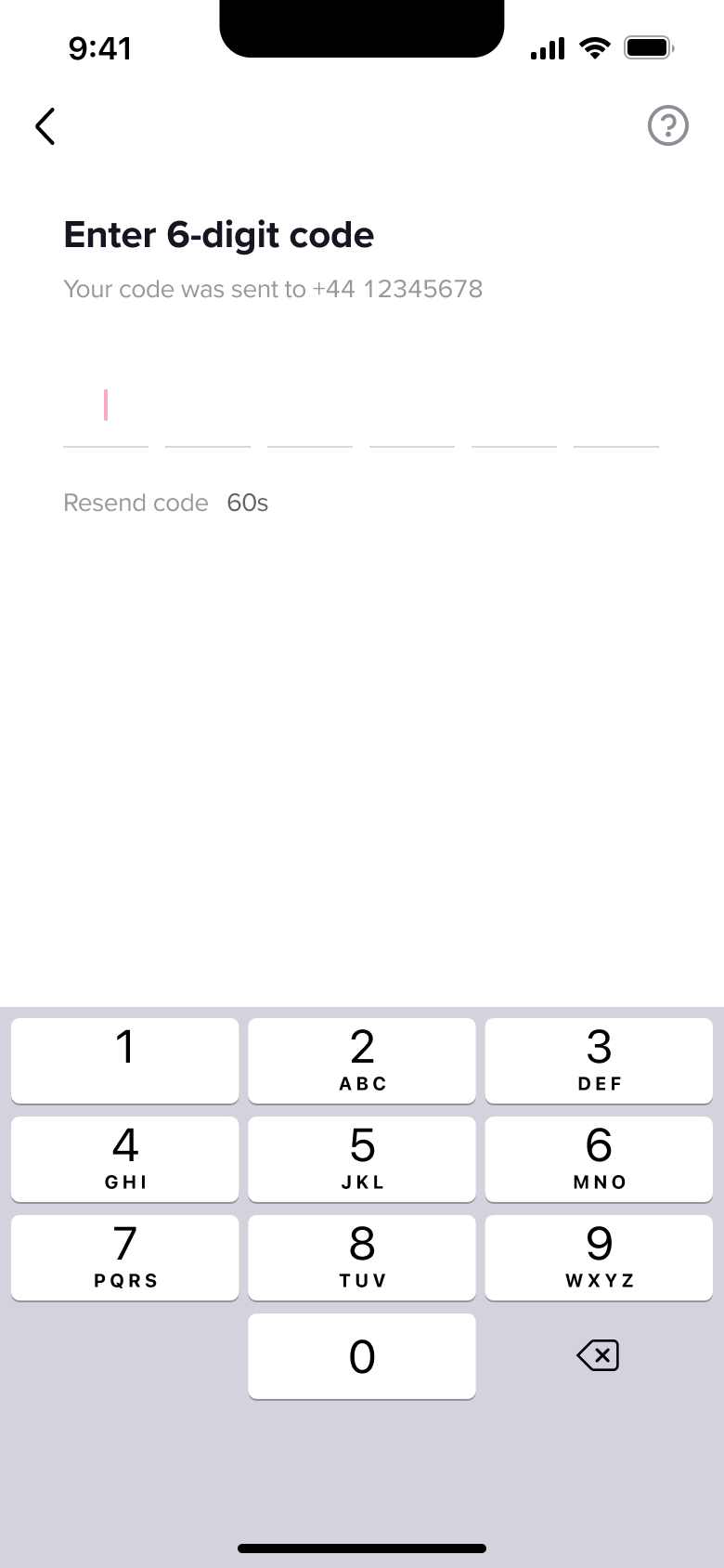 Enter six-digit code with resend countdown and request phone call link.