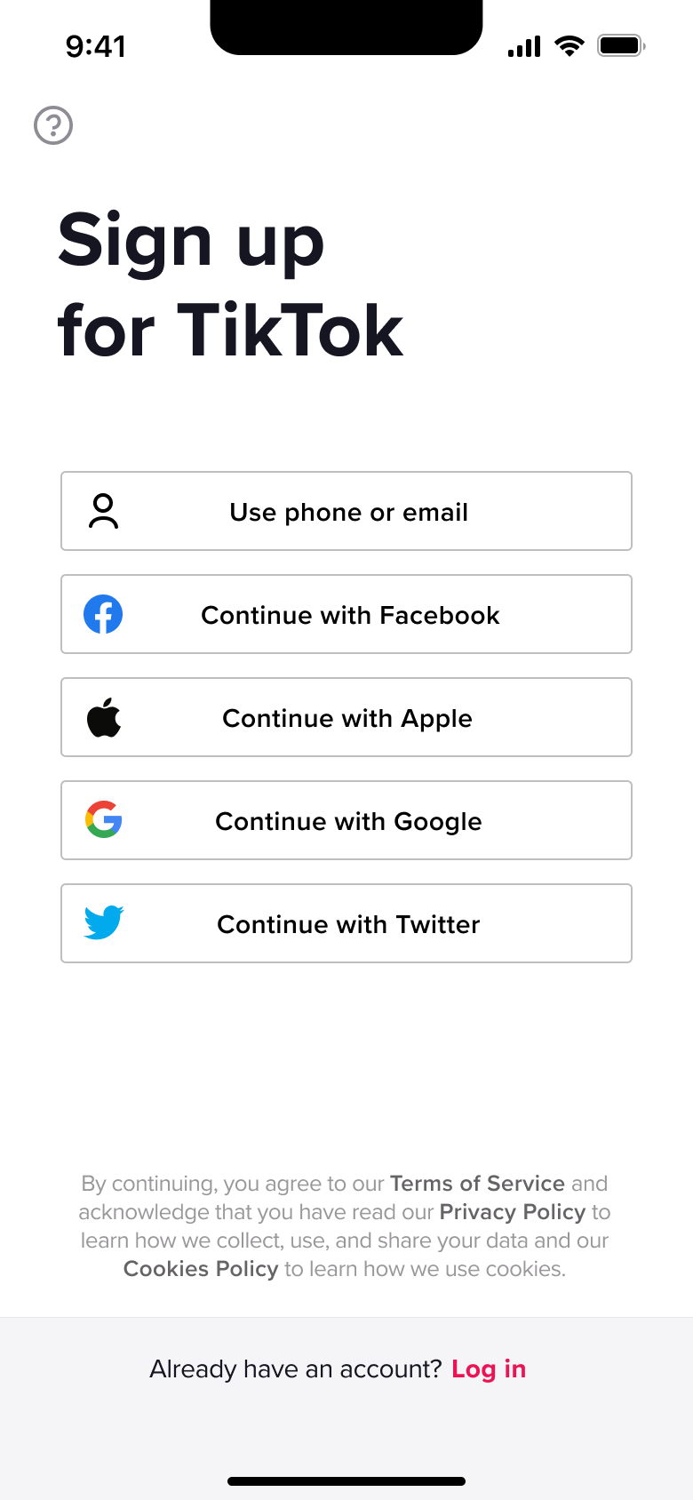 Sign up options: phone or email, social accounts, with log in link.