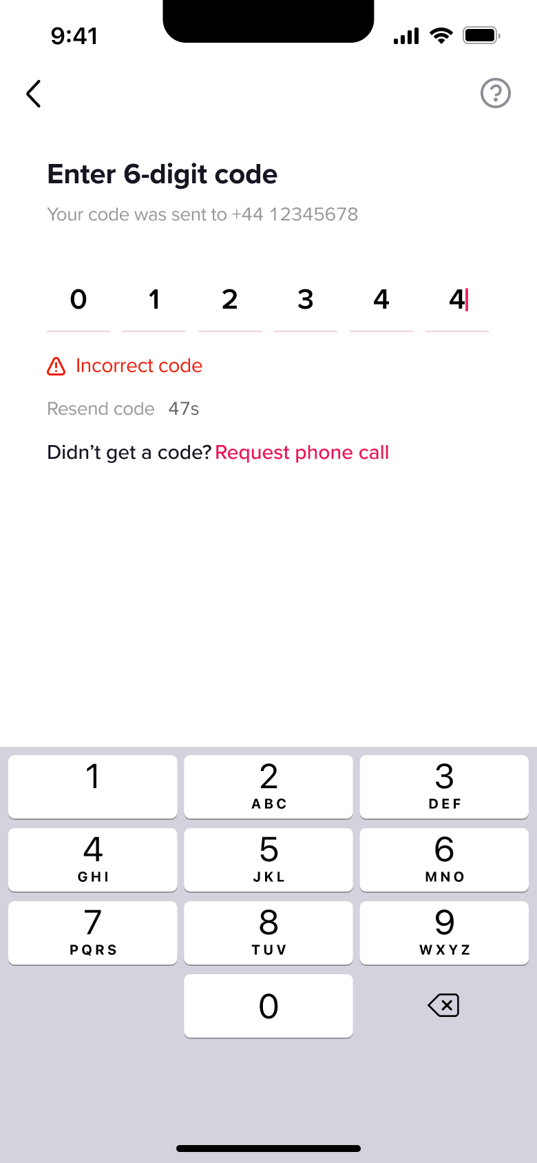Incorrect code error under the code boxes.