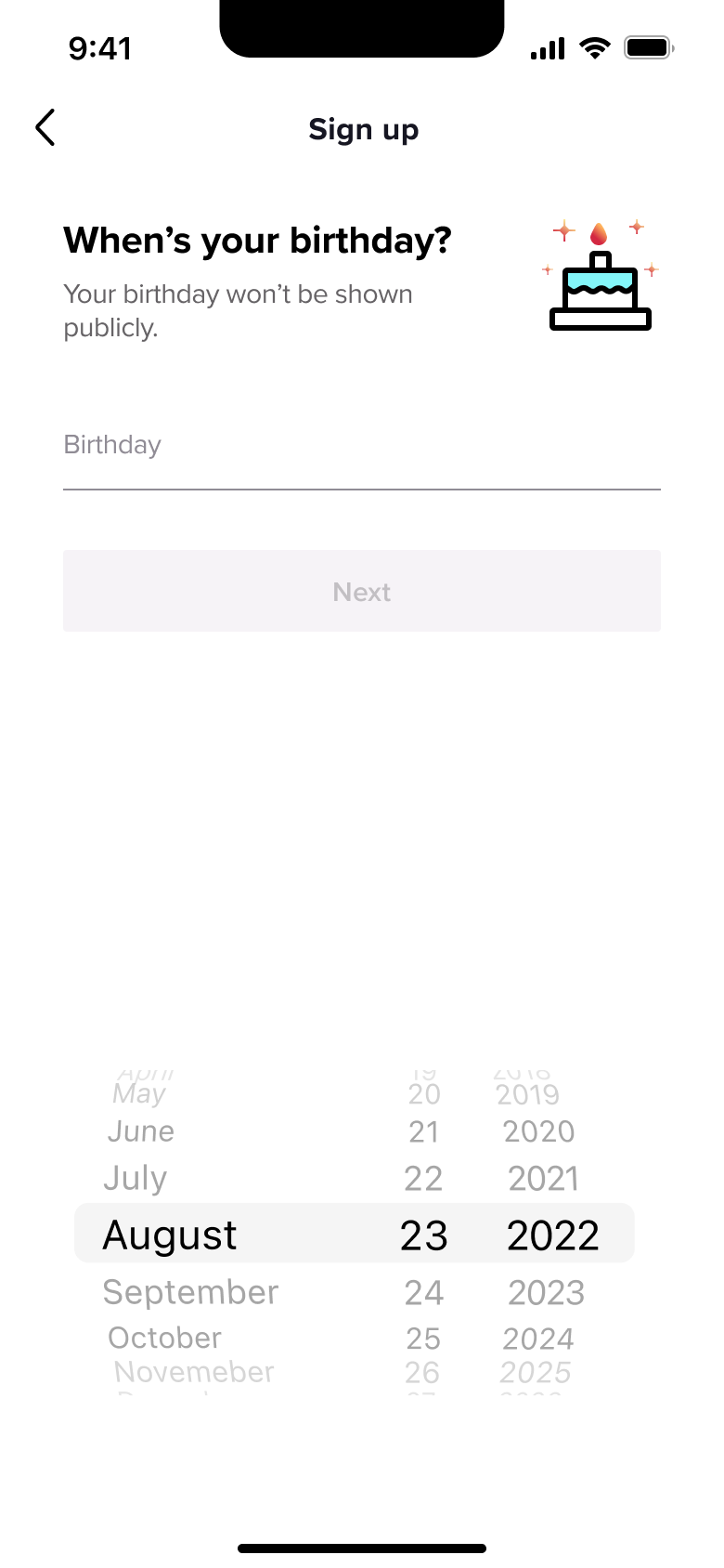 When's your birthday: date field and wheel picker, next disabled.