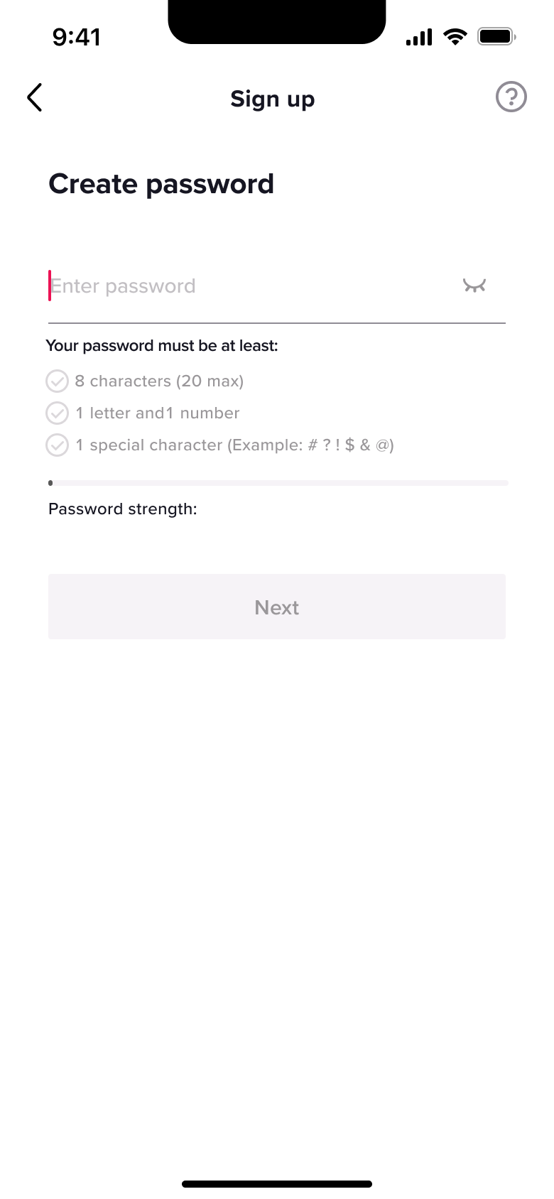 Create password with requirements checklist and strength meter.
