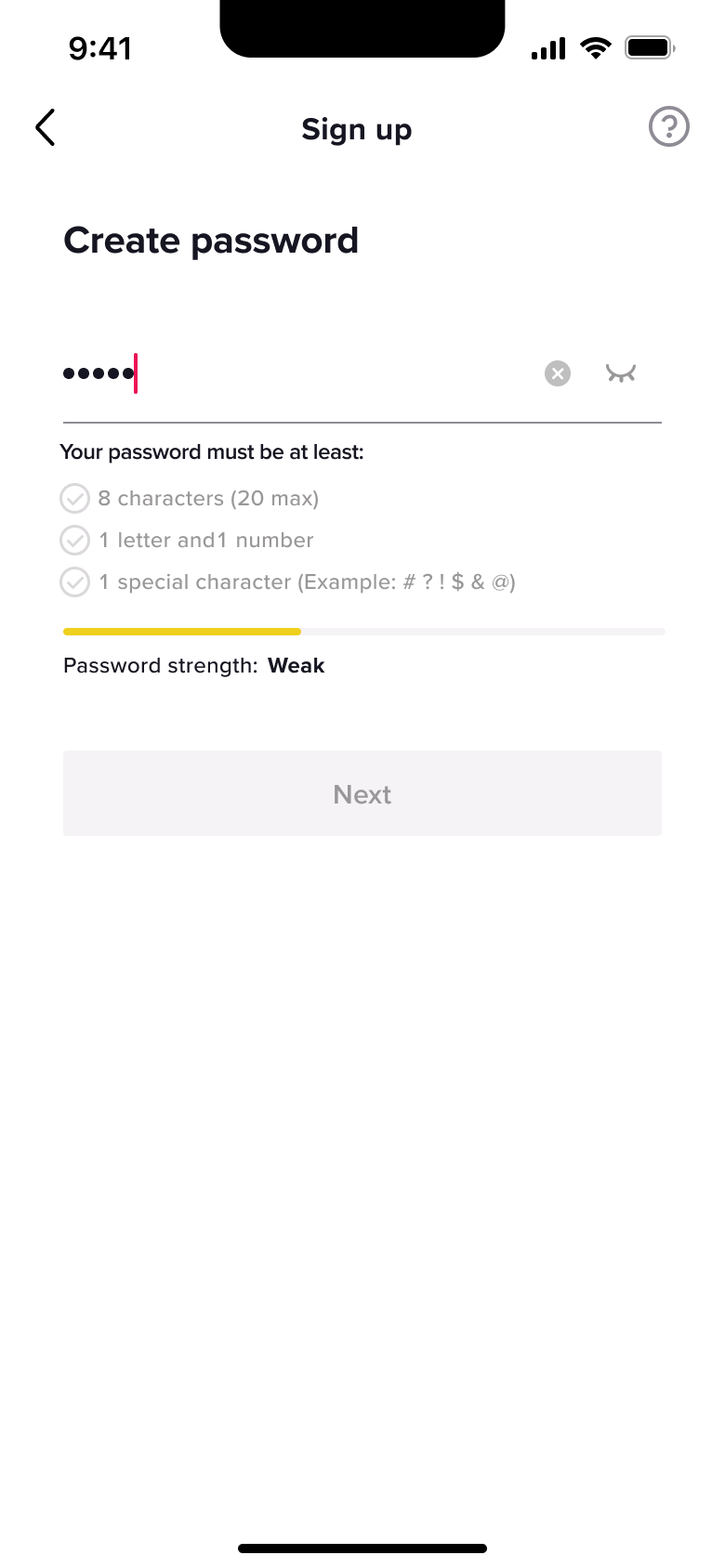Password typed rated weak with requirements unmet.