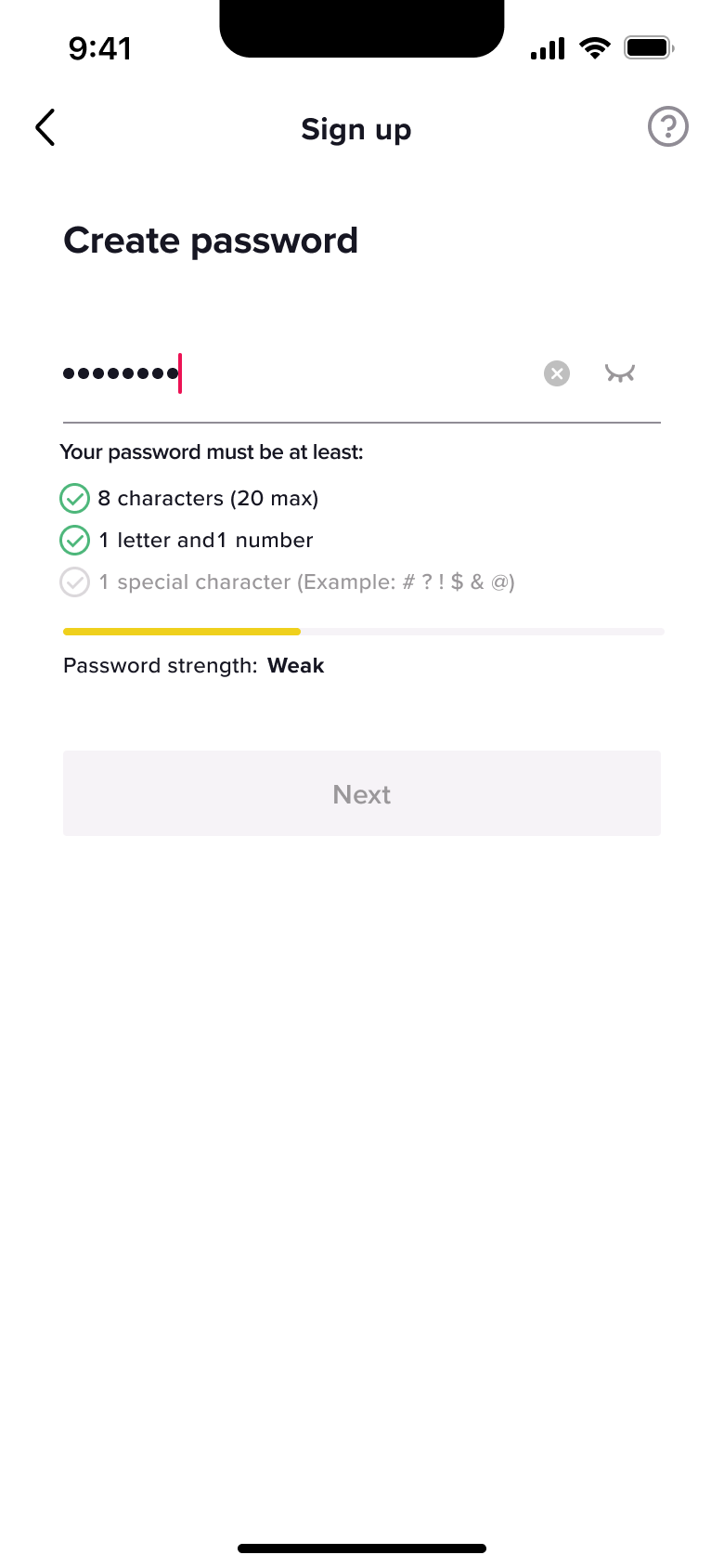 Password with letter and number, strength weak.