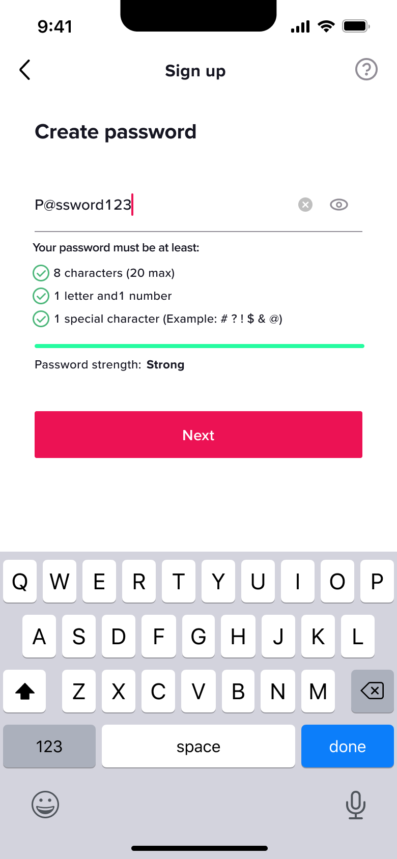 Strong password meeting all requirements, next enabled.