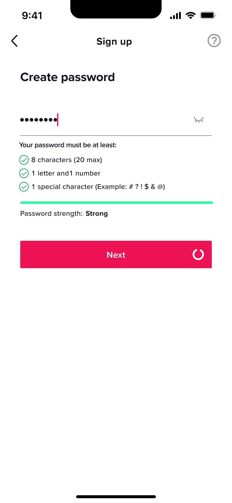 Strong password submitted with loading button.