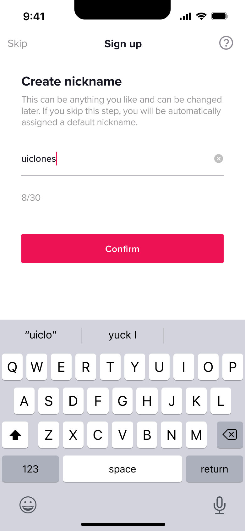 Nickname entered, confirm enabled.