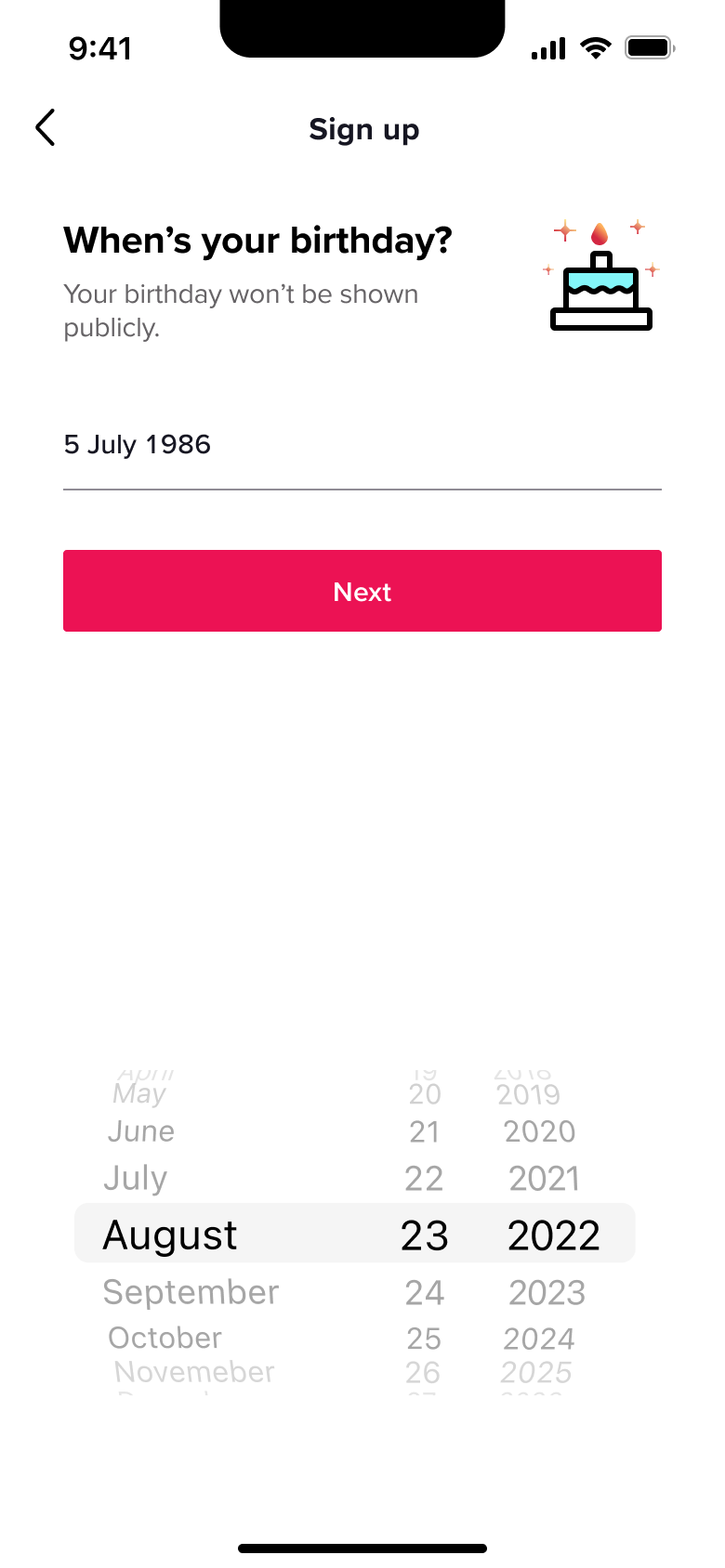 Birthday selected, next enabled.