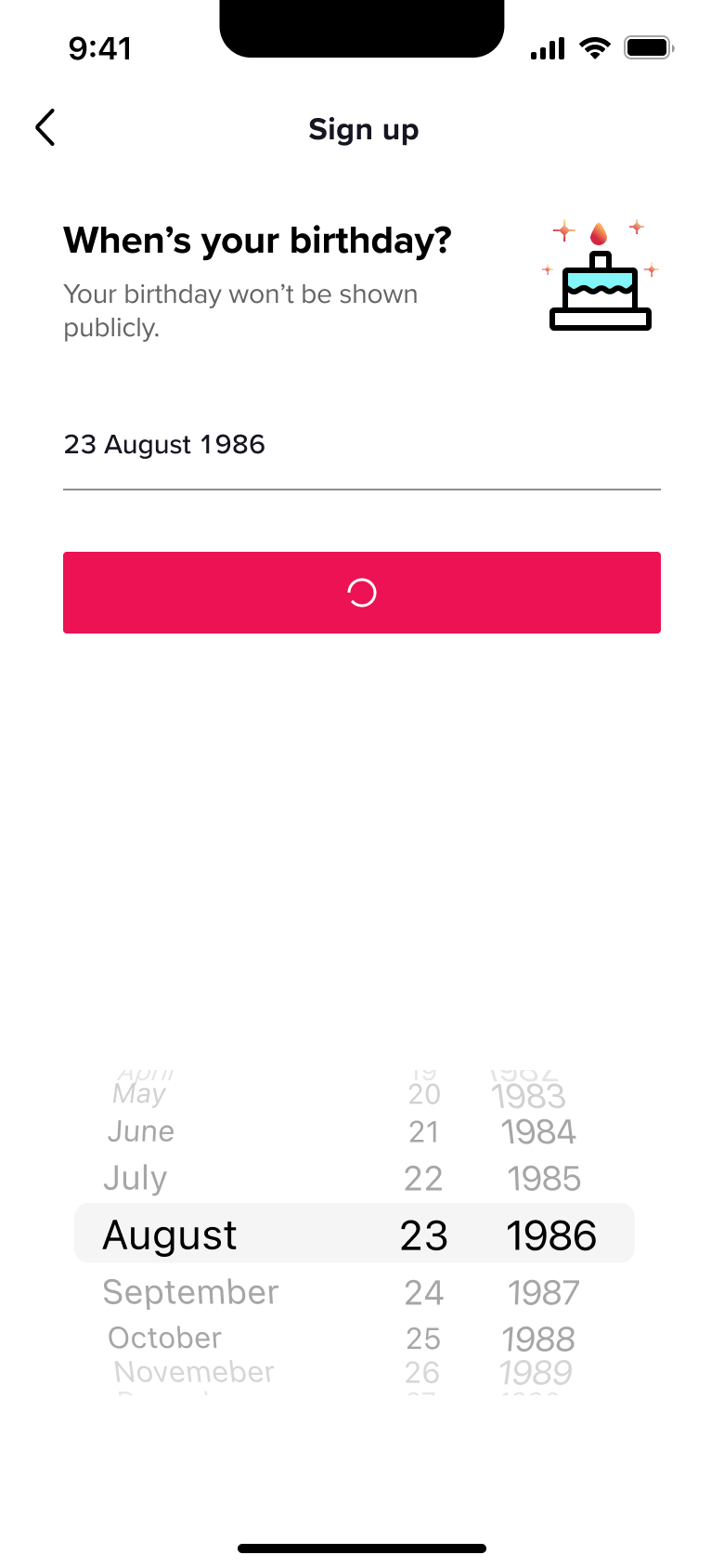 Birthday submitted with loading button.