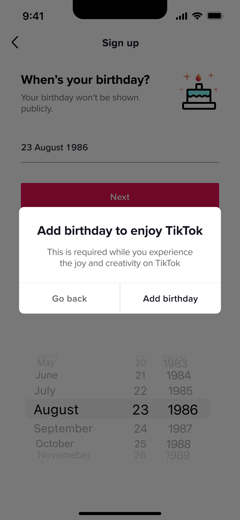 Add birthday to continue dialog over the birthday step.