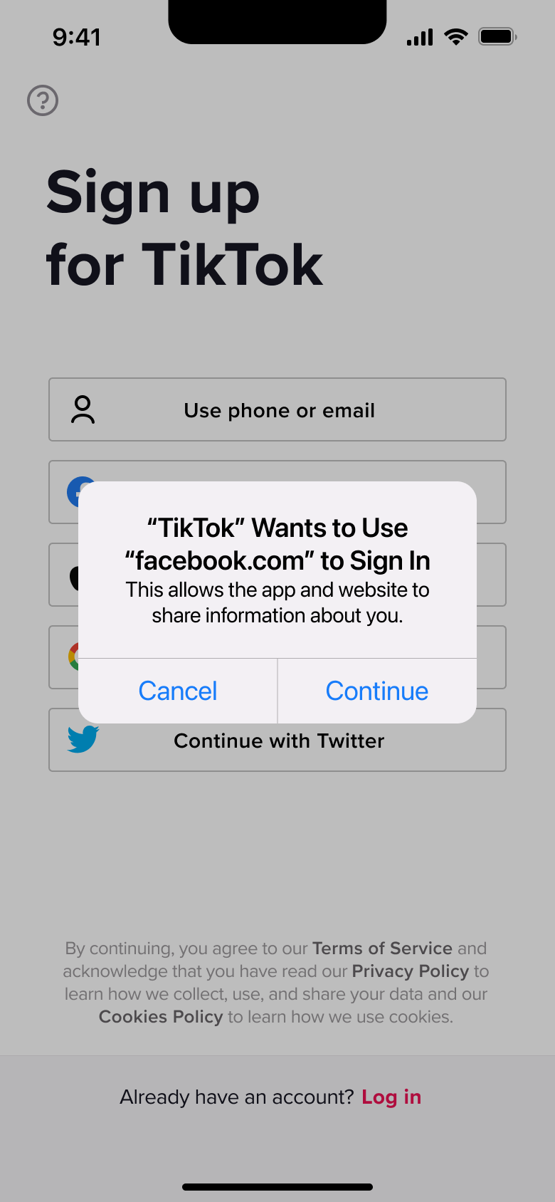 System alert asking to use a third-party site to sign in.