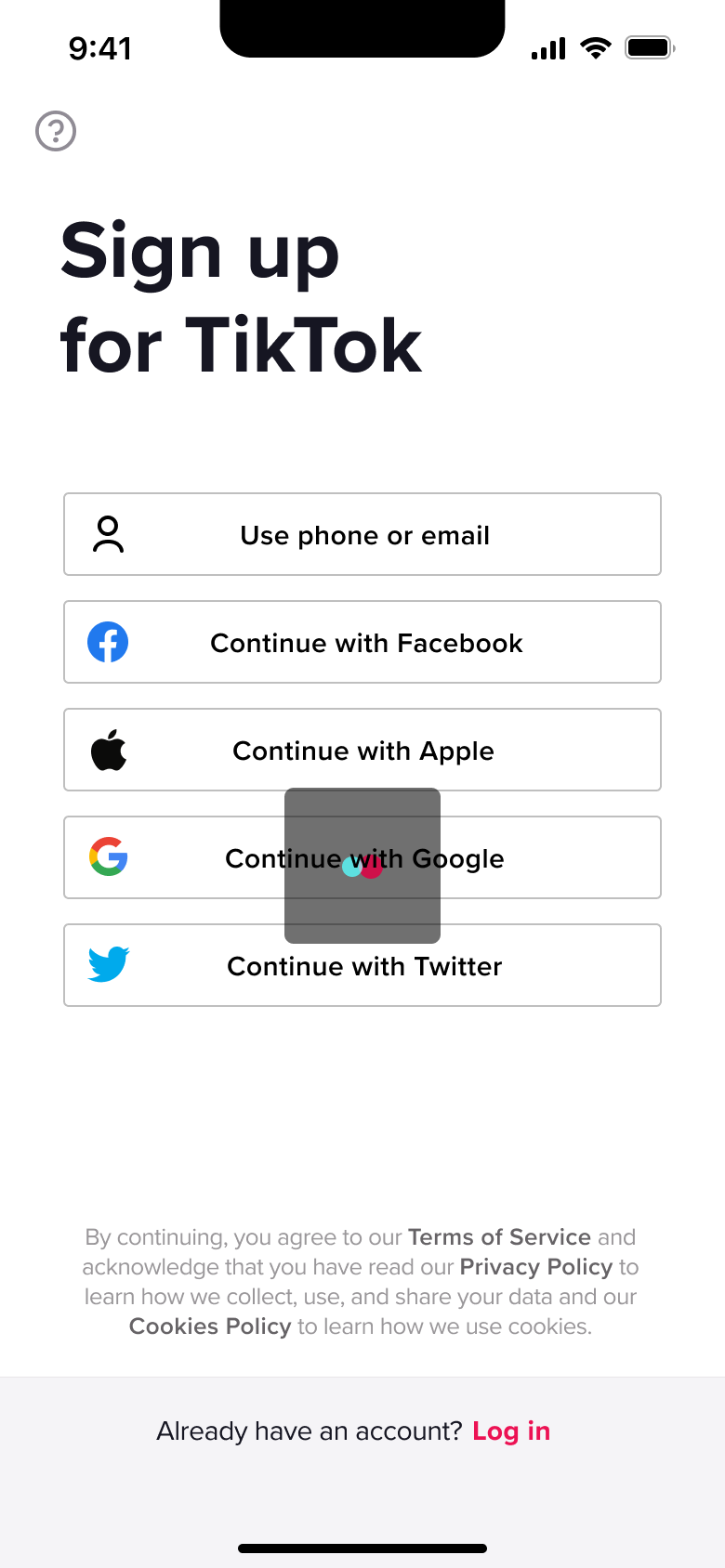 Sign up options with social sign-in loading overlay.