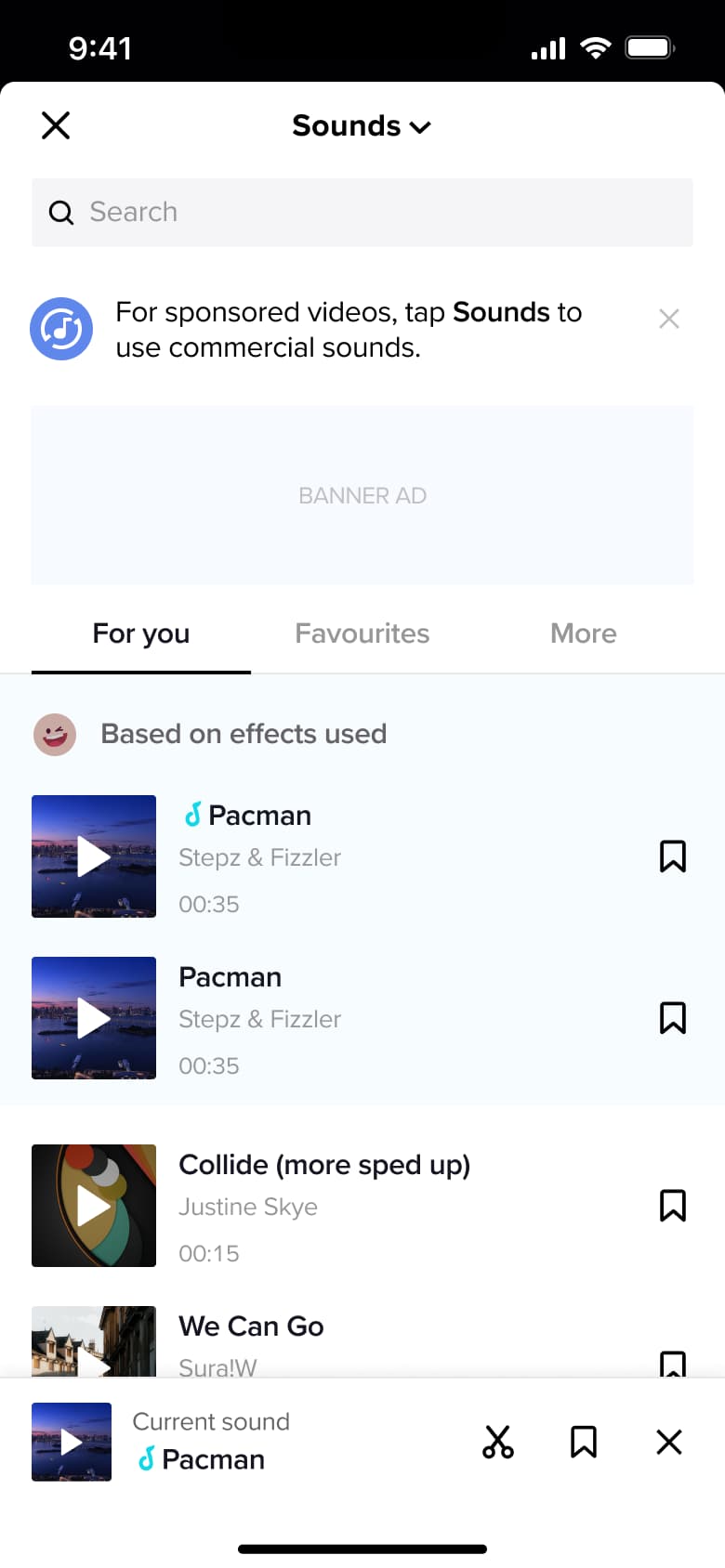 Sounds picker: for you tracks with sponsored sounds notice and current sound bar.