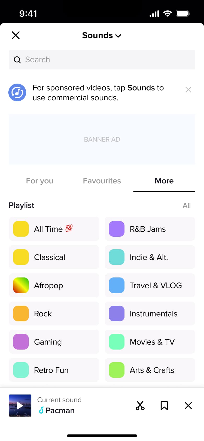 Sound playlists grid by genre and mood.
