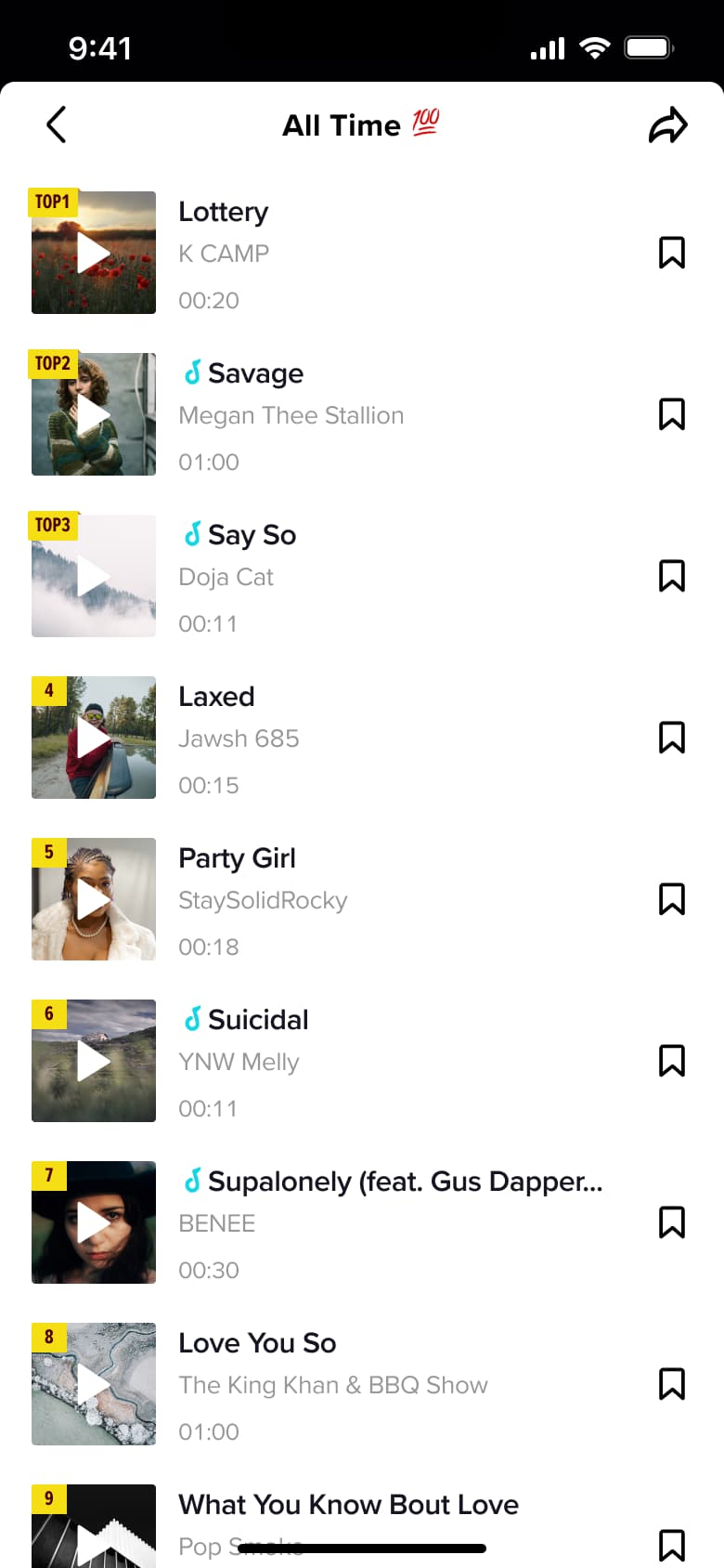 All-time sound chart ranked list with bookmark buttons.