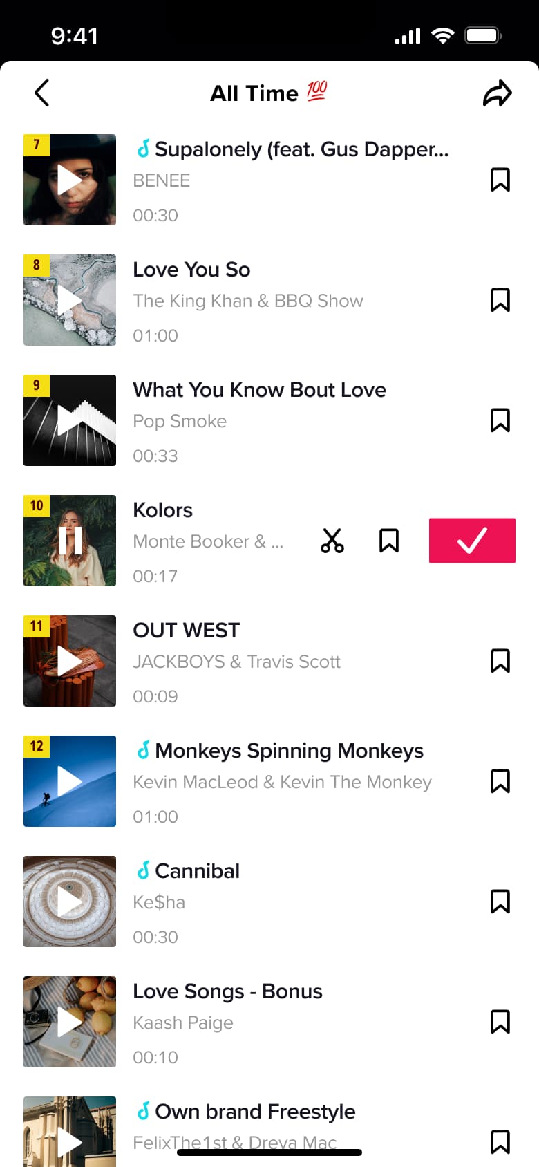 Sound chart track selected with trim, bookmark and use buttons.