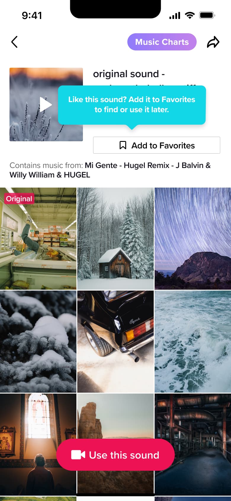 Sound page with tooltip suggesting adding the sound to favourites.