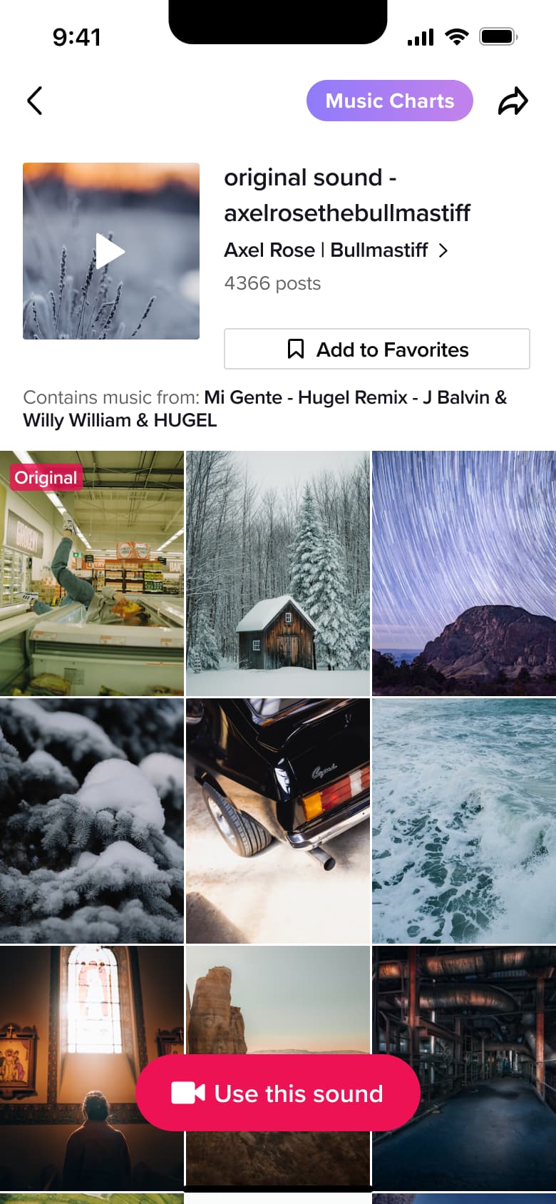 Sound page: original sound with post count, add to favourites and video grid.