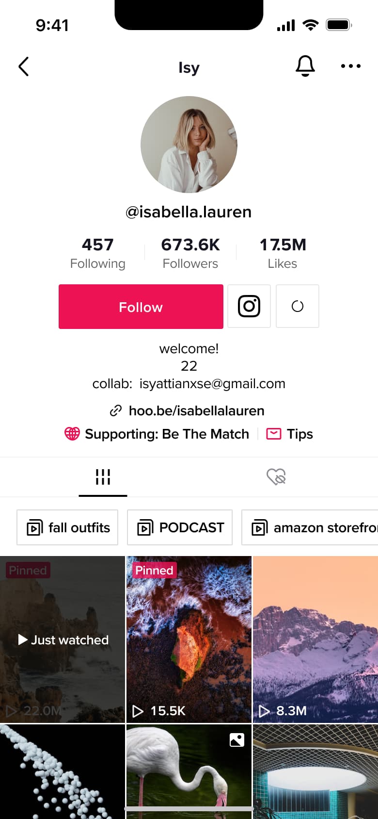 User profile with follow button and video grid.