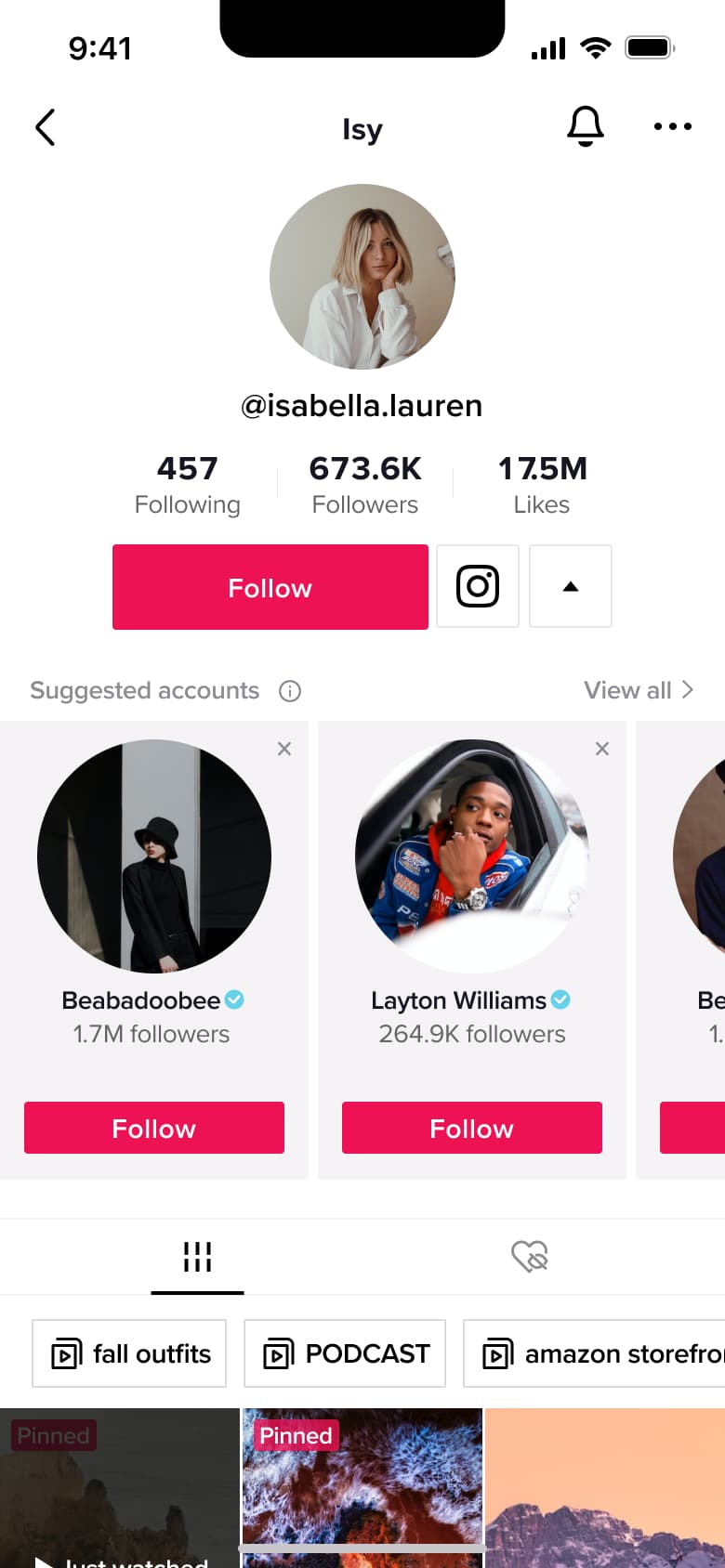 User profile with suggested accounts carousel expanded.