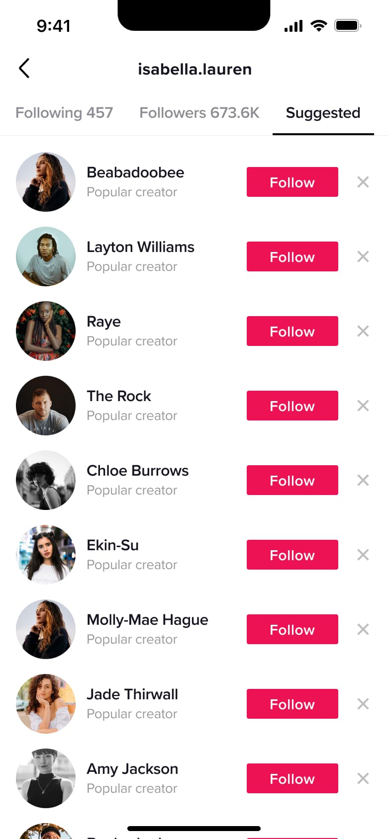 Suggested accounts tab with follow buttons and dismiss icons.