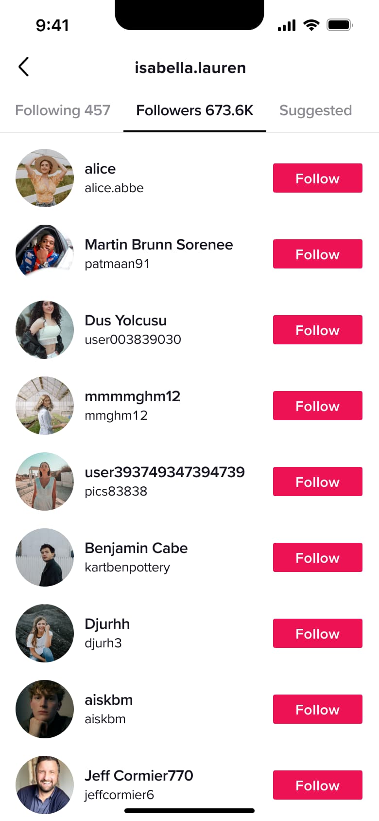 Followers list with follow buttons.