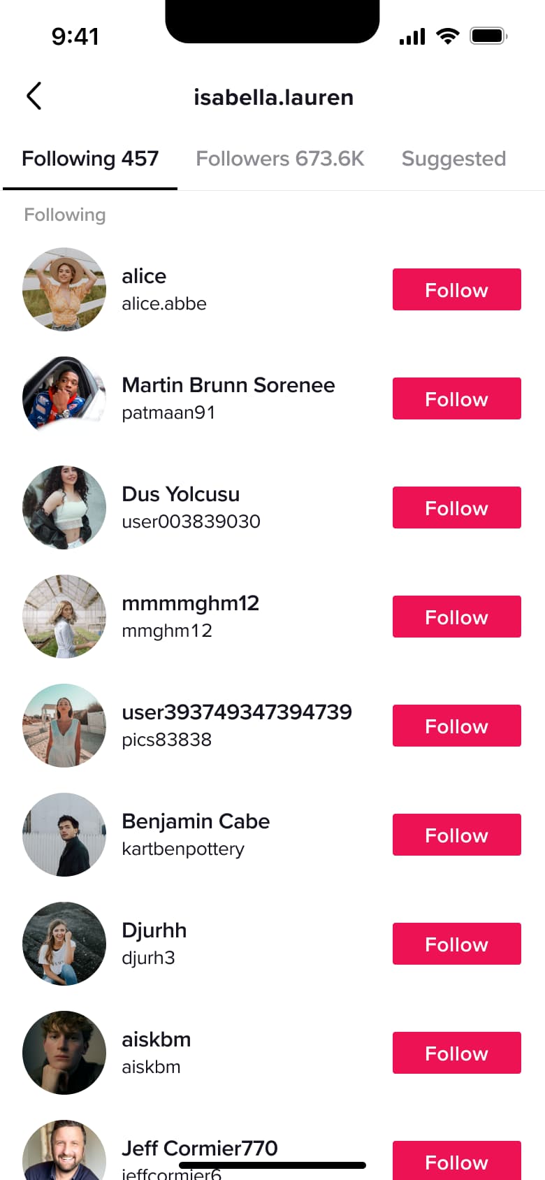 Following list of a user with follow buttons.