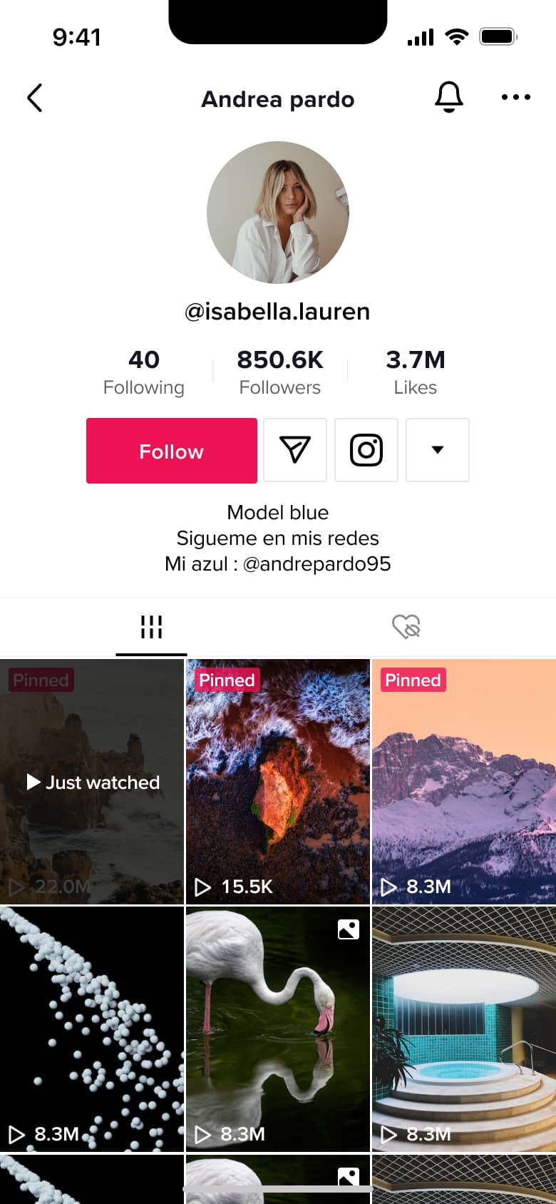 Profile with bio and follow button.