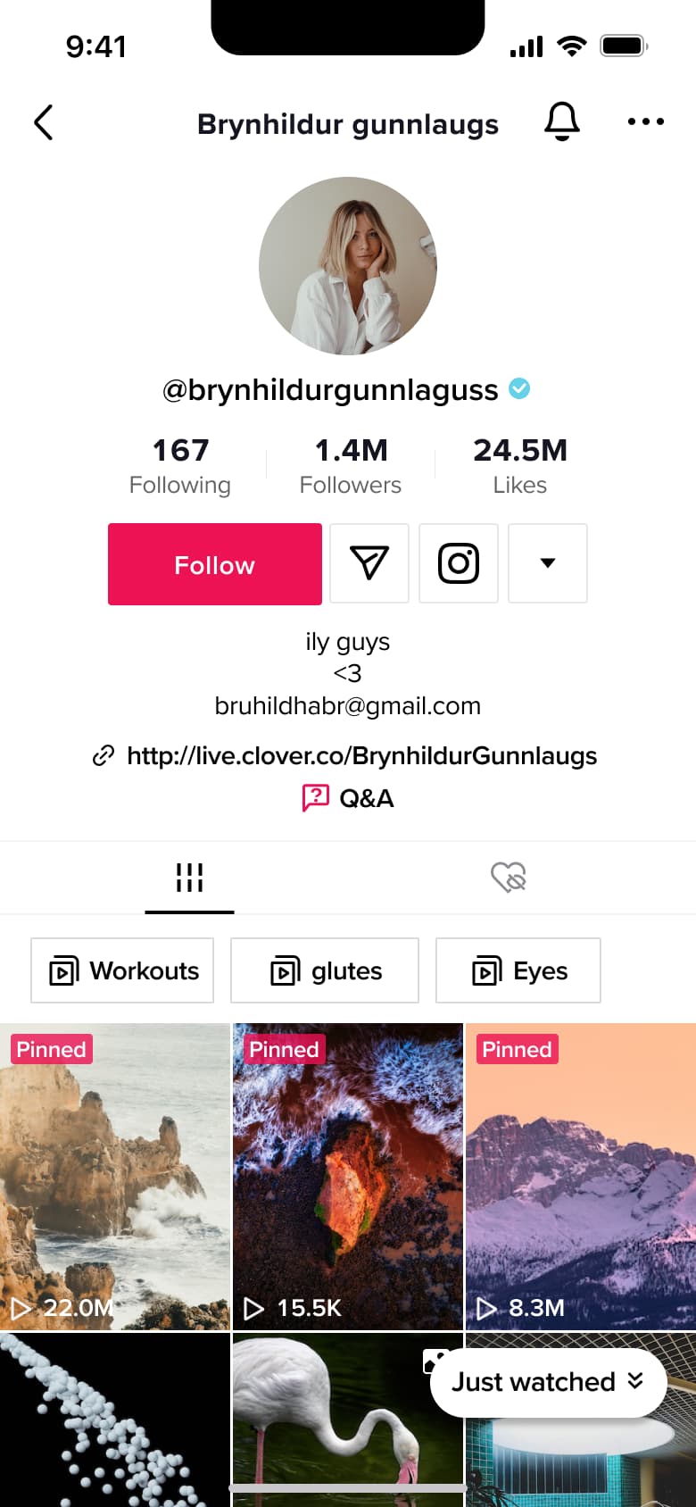 Creator profile with verified badge, bio link, Q&A and playlist chips.