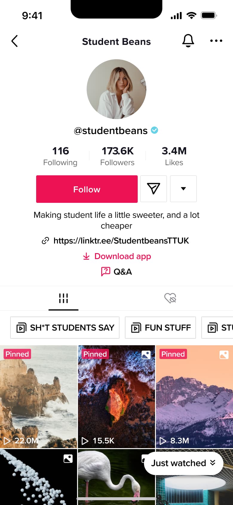 Brand profile with download app link and playlists.