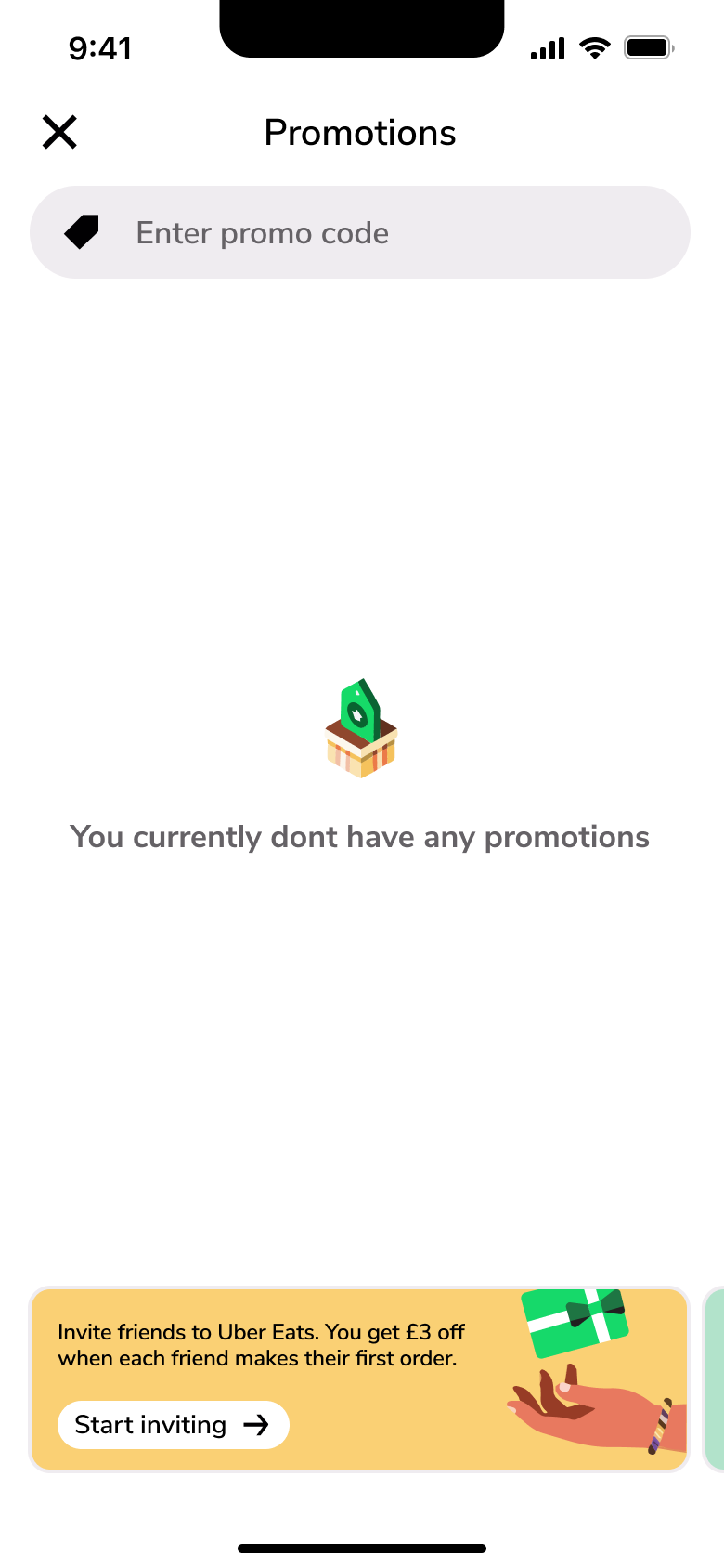 Promotions: enter promo code, no promotions, invite friends banner.