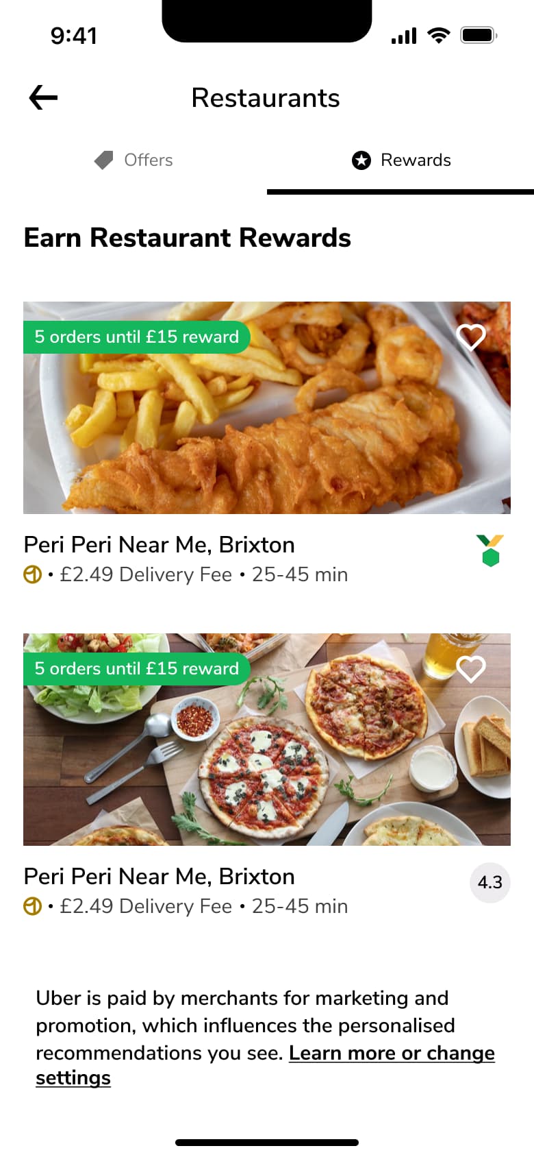 Restaurant rewards tab: earn rewards cards with progress badges.