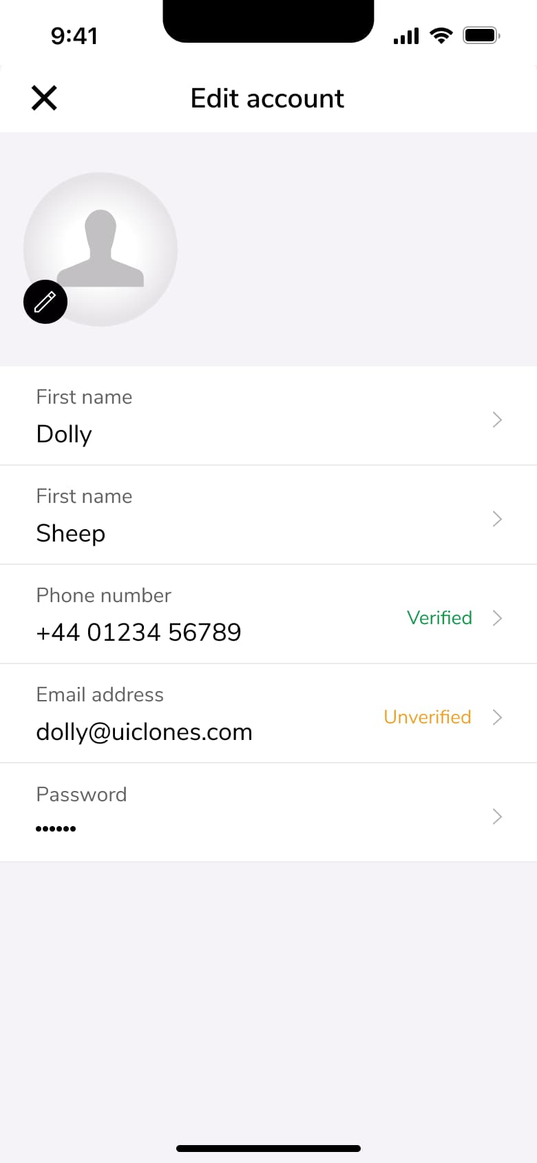 Edit account: photo, names, verified phone, unverified email and password.