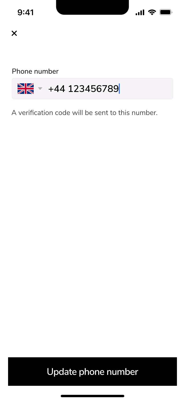Update phone number with verification code notice.