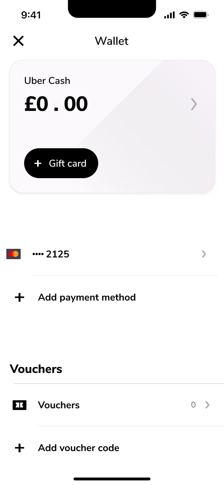 Wallet: cash balance card with gift card, payment methods and vouchers.