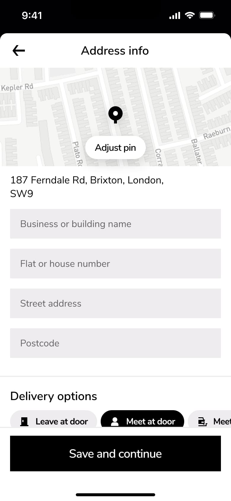 Address info: map pin, address fields and delivery options.