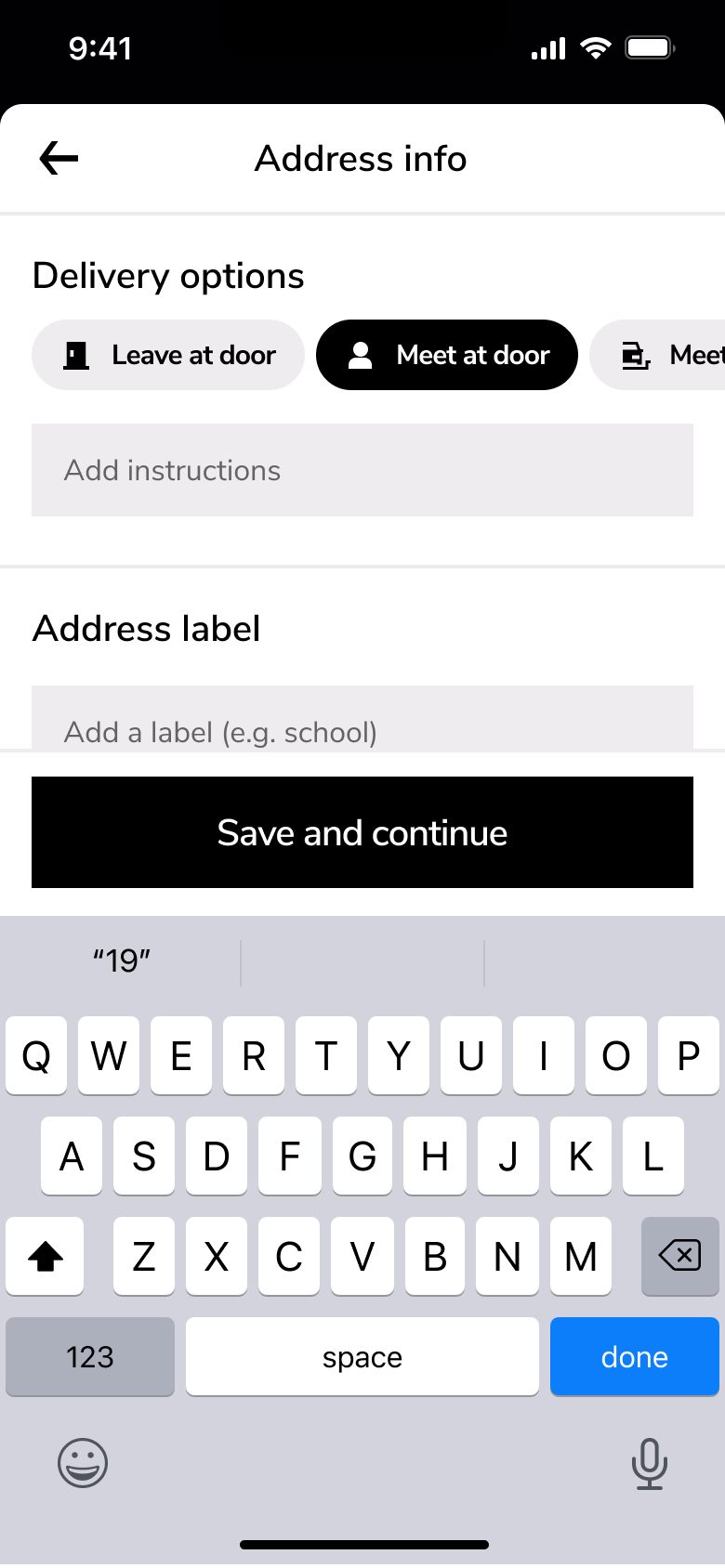 Delivery options and address label field.