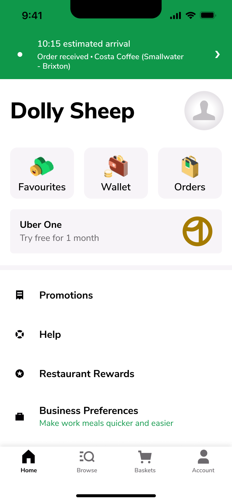 Order status banner over the account page.