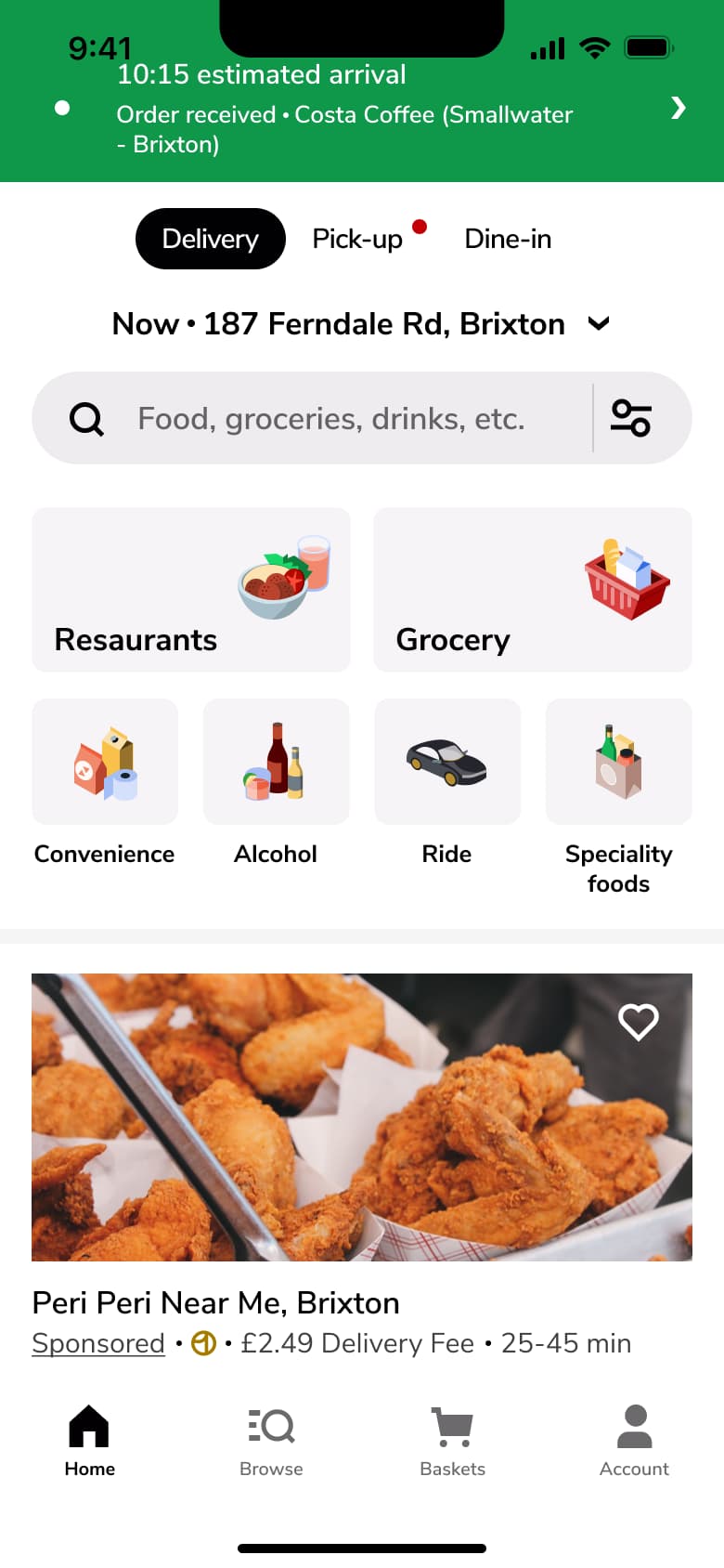 Order status banner over the home screen.