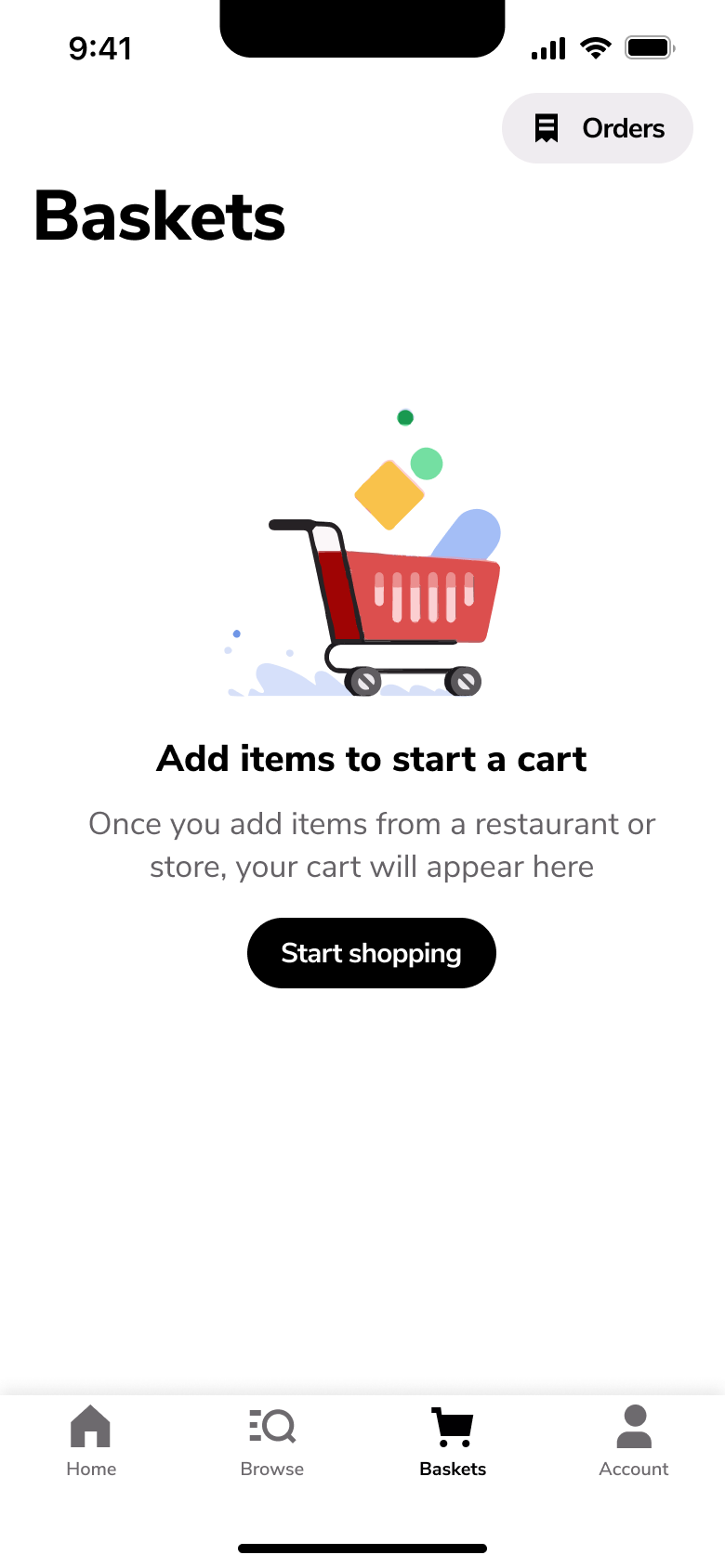 Baskets empty: add items to start a cart, start shopping.