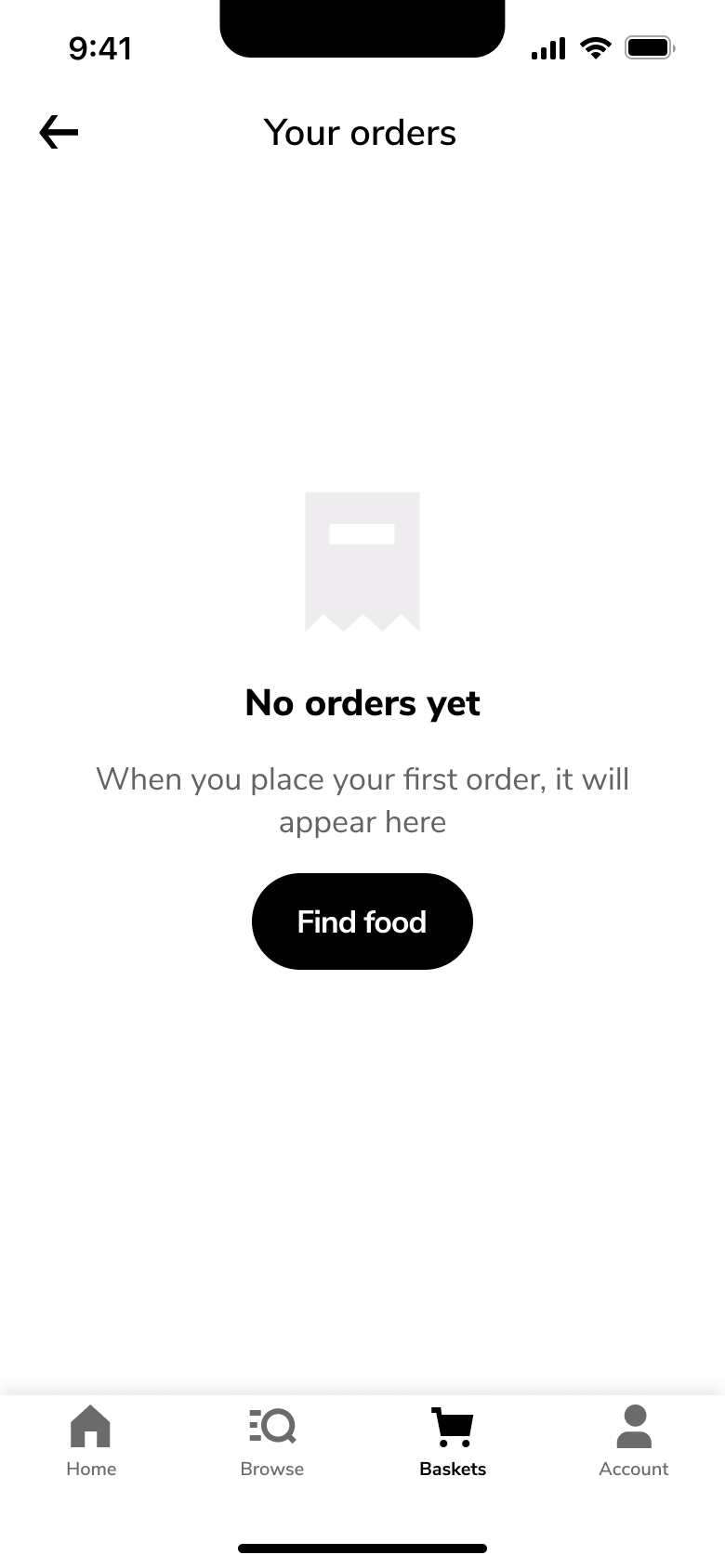 Your orders empty: no orders yet, find food.