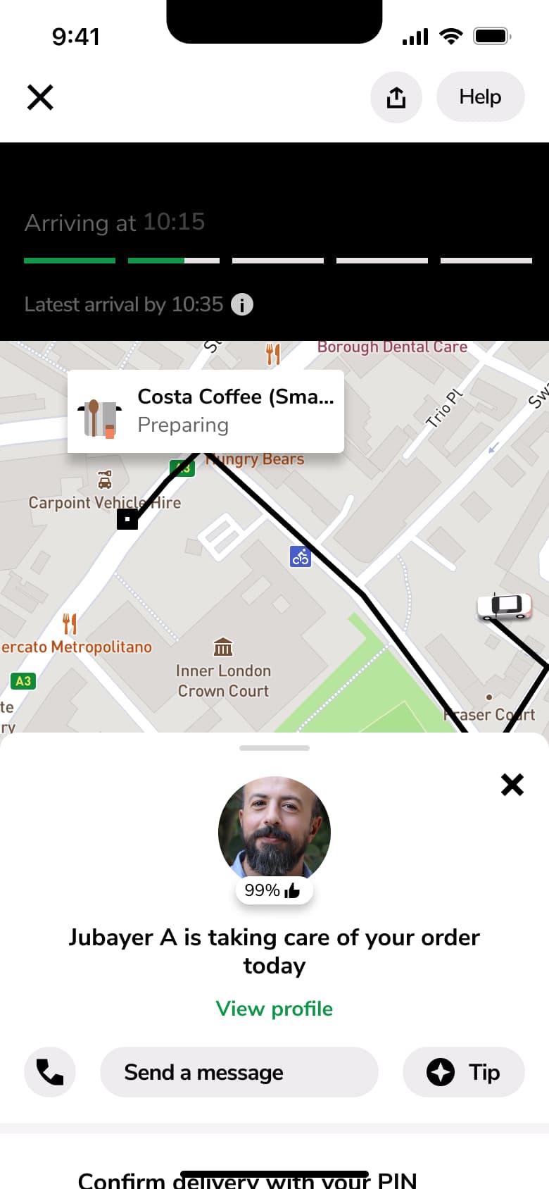 Courier on the way map with store pin and courier card: message and tip.