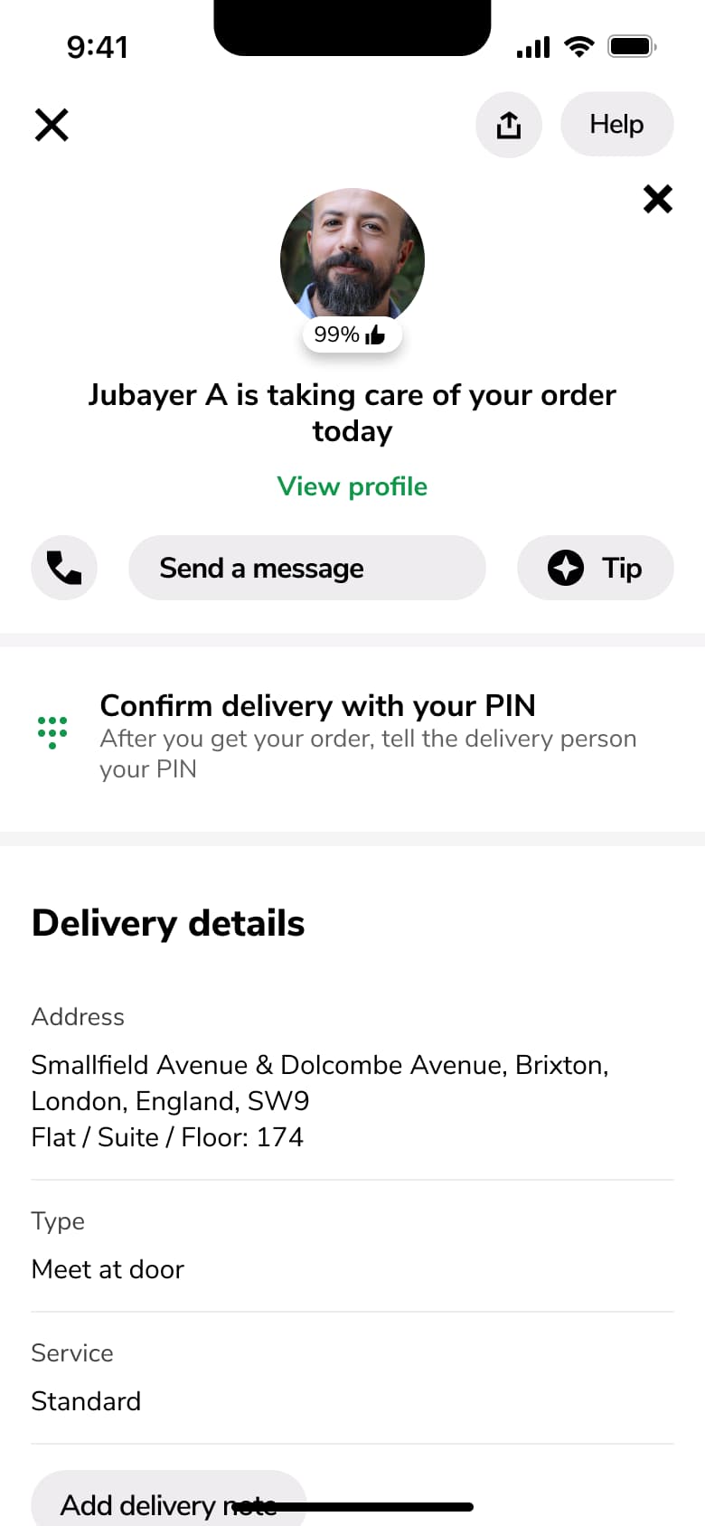 Courier card with rating, view profile, message, tip and delivery details.