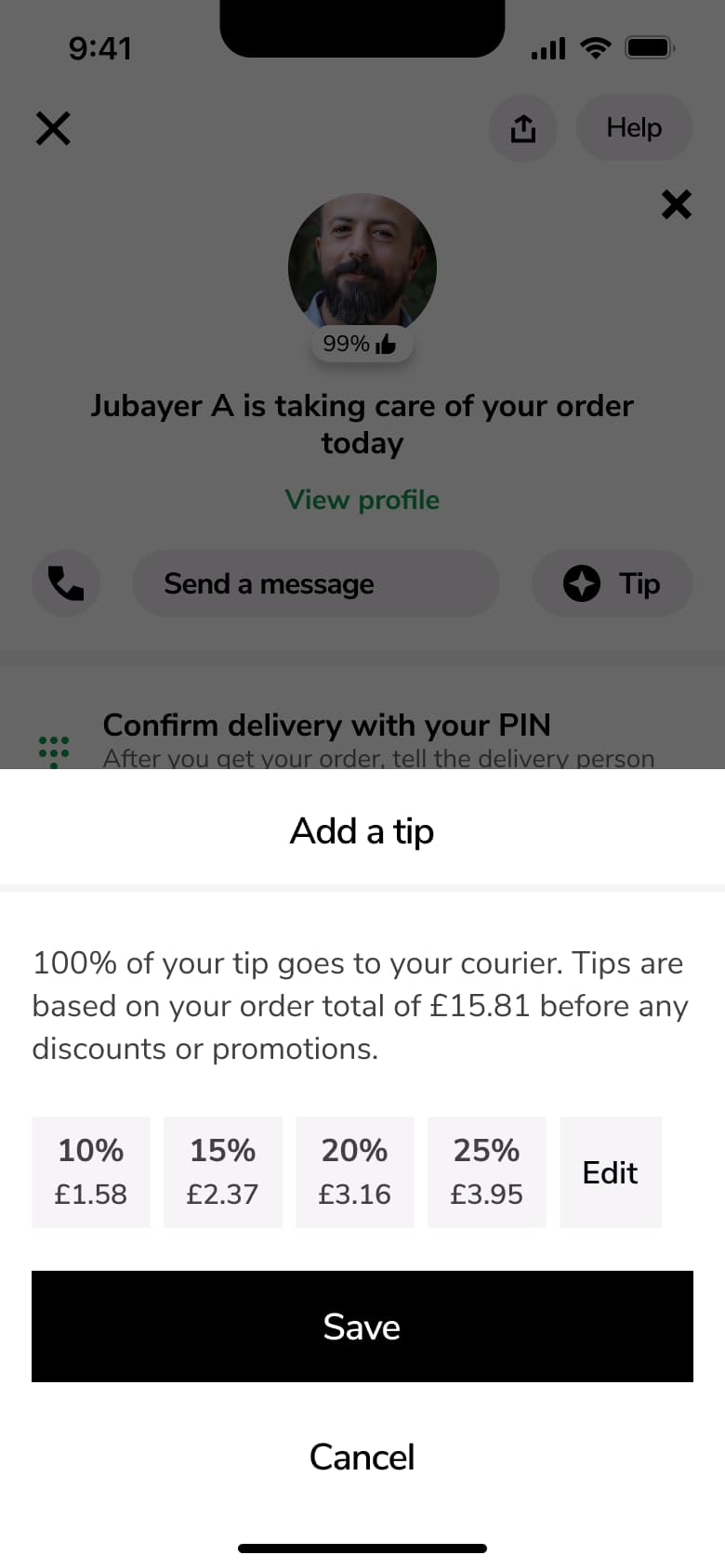 Add a tip sheet with percentage chips, save and cancel.