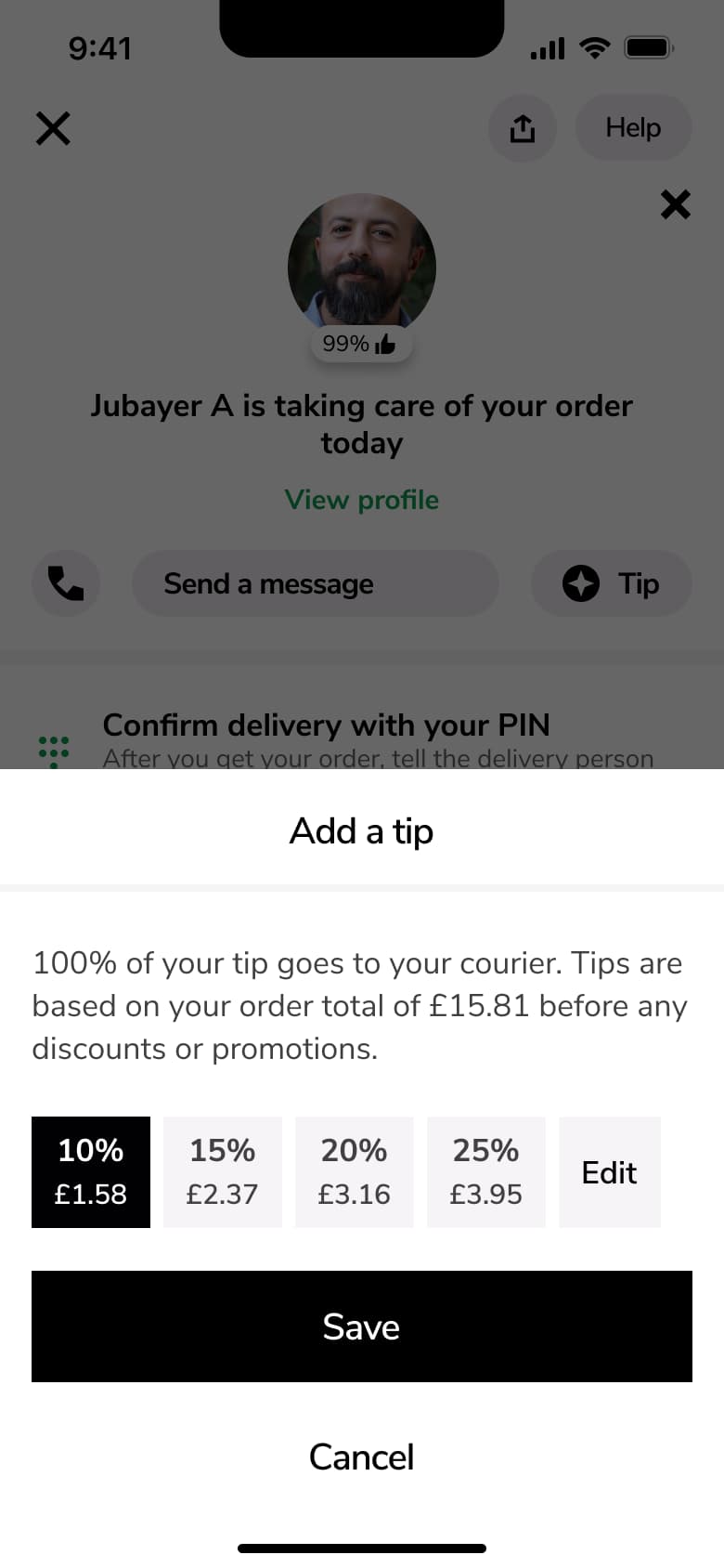 Tip percentage selected in sheet.